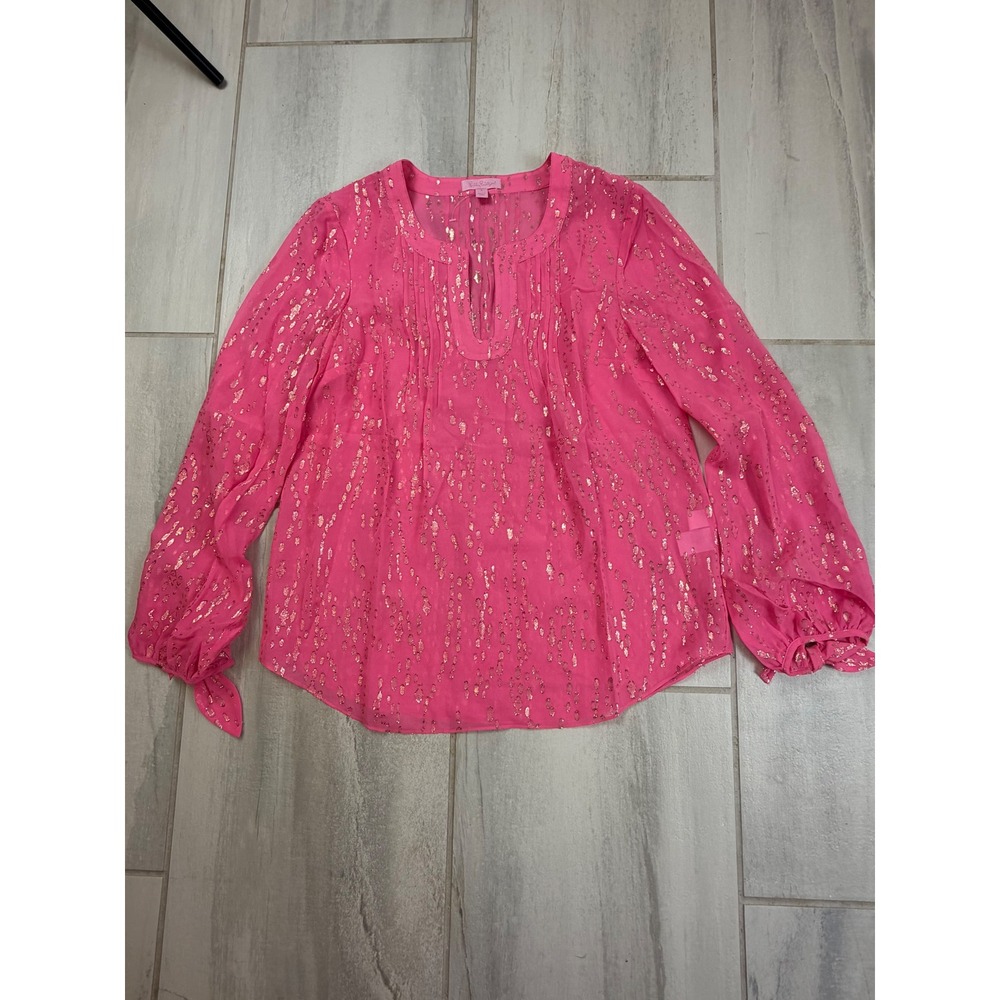 Lilly Pulitzer Pink Silk Gold Metallic‎ Clip Dot Elsa Blouse Top Small